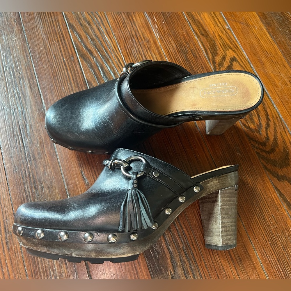 Coach Rana Black Leather Clogs with Tassel and Studs